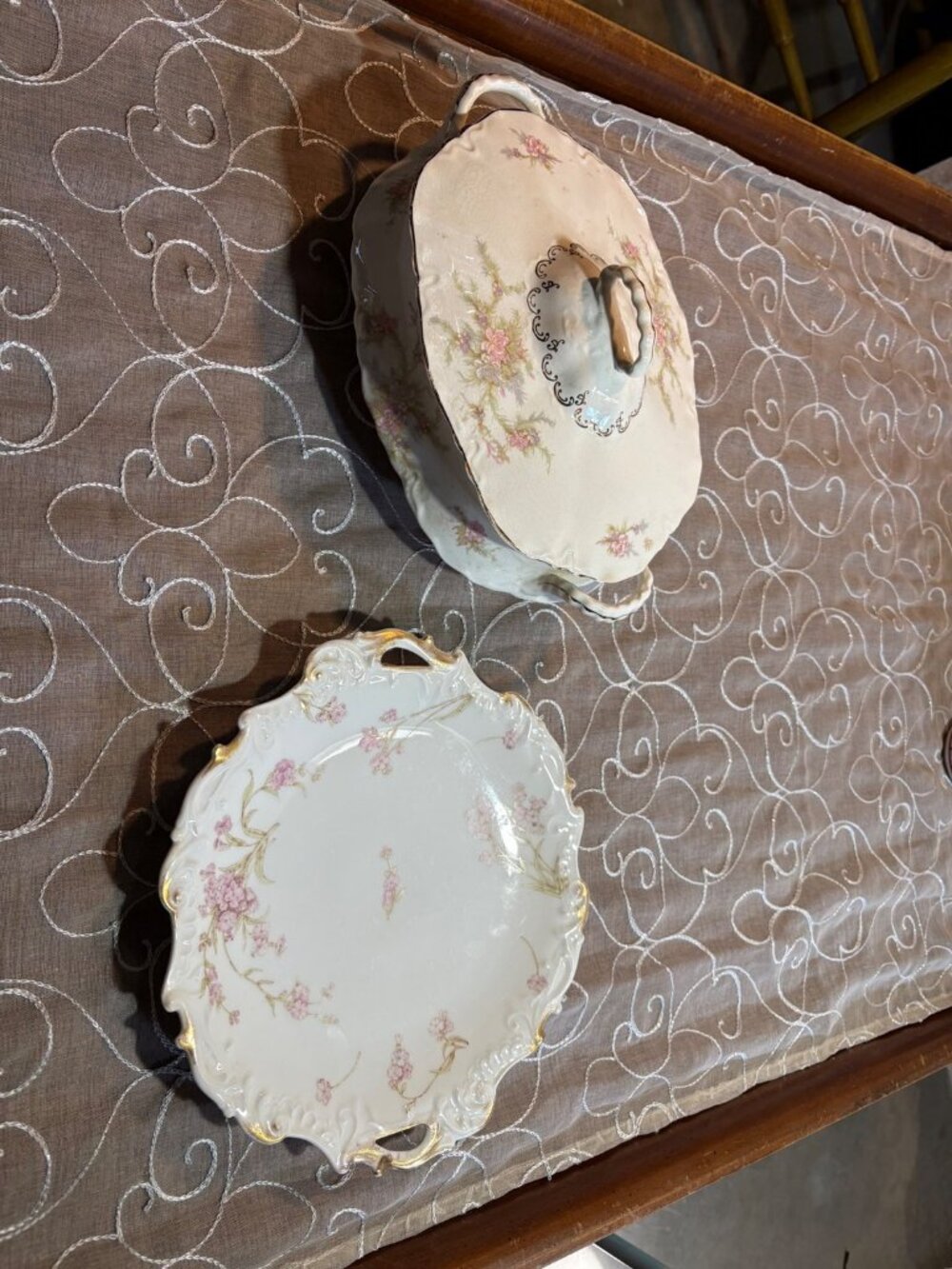 P&B Limoges Vintage Porcelain Pink Floral Serving Set Gold Gilt